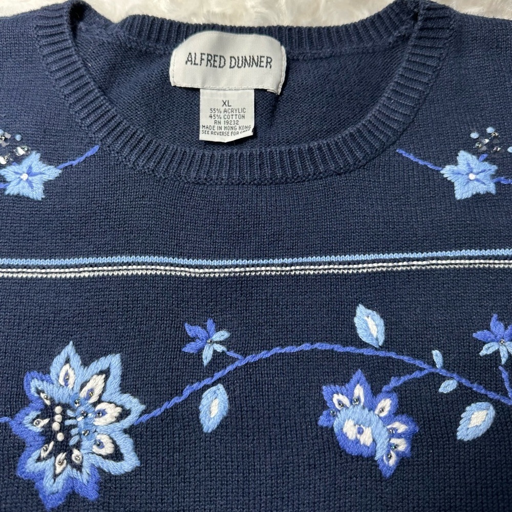 Alfred‎ Dunner Womens Embroidered Floral Blue Short Sleeve Pullover Sweater - Picture 9 of 11